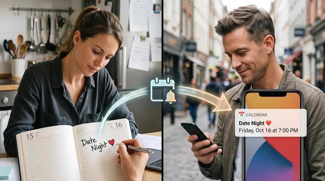 A woman writes Date Night in her diary, and the date appears on her husband&rsquo;s phone.